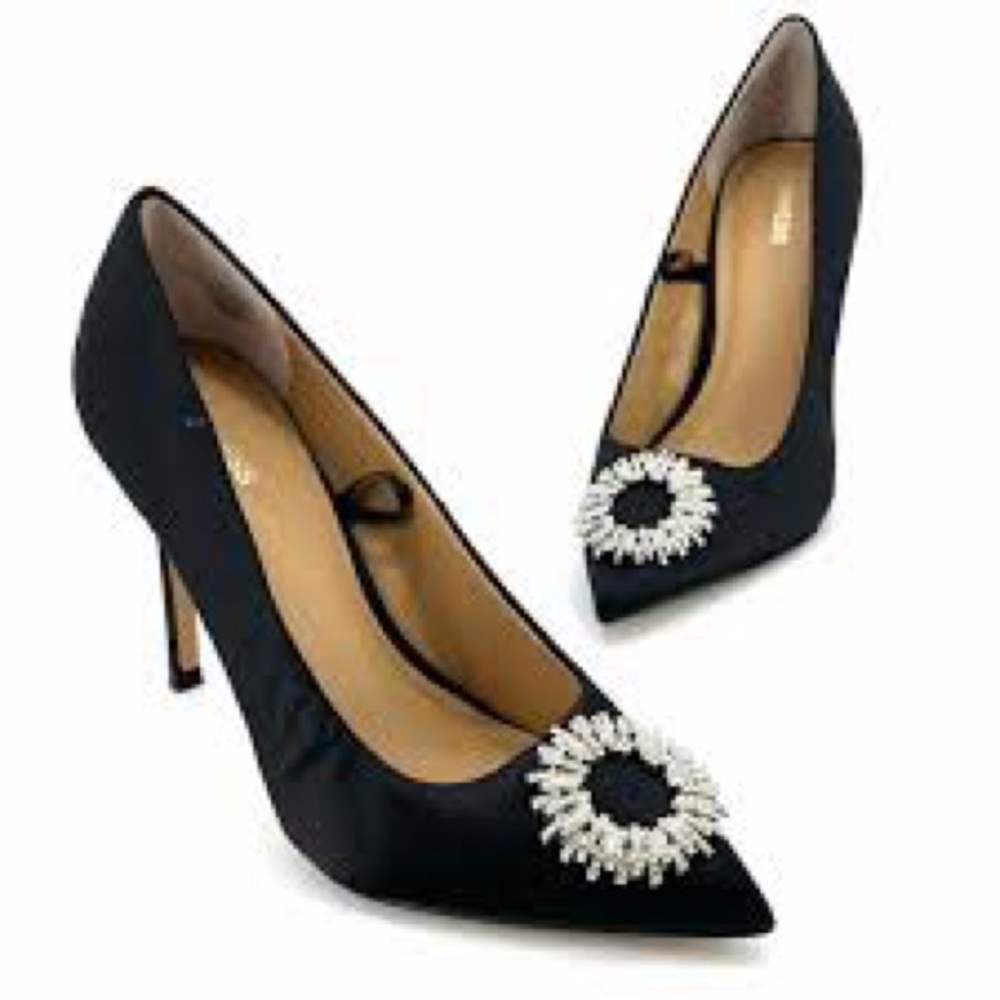 Express black satin medallion pointed toe formal heels pumps shoes